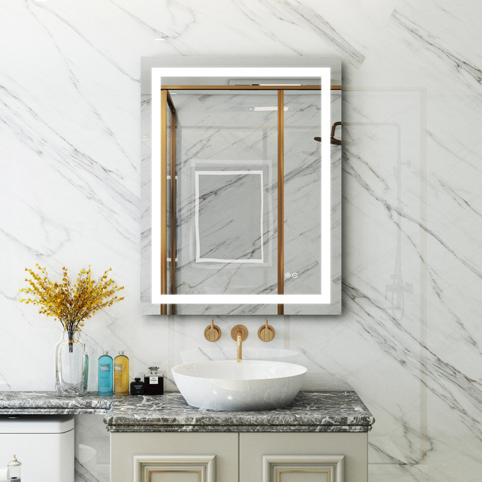 Frameless LED Bathroom Vanity Mirror With Defogger Dimmer, 28"x36"