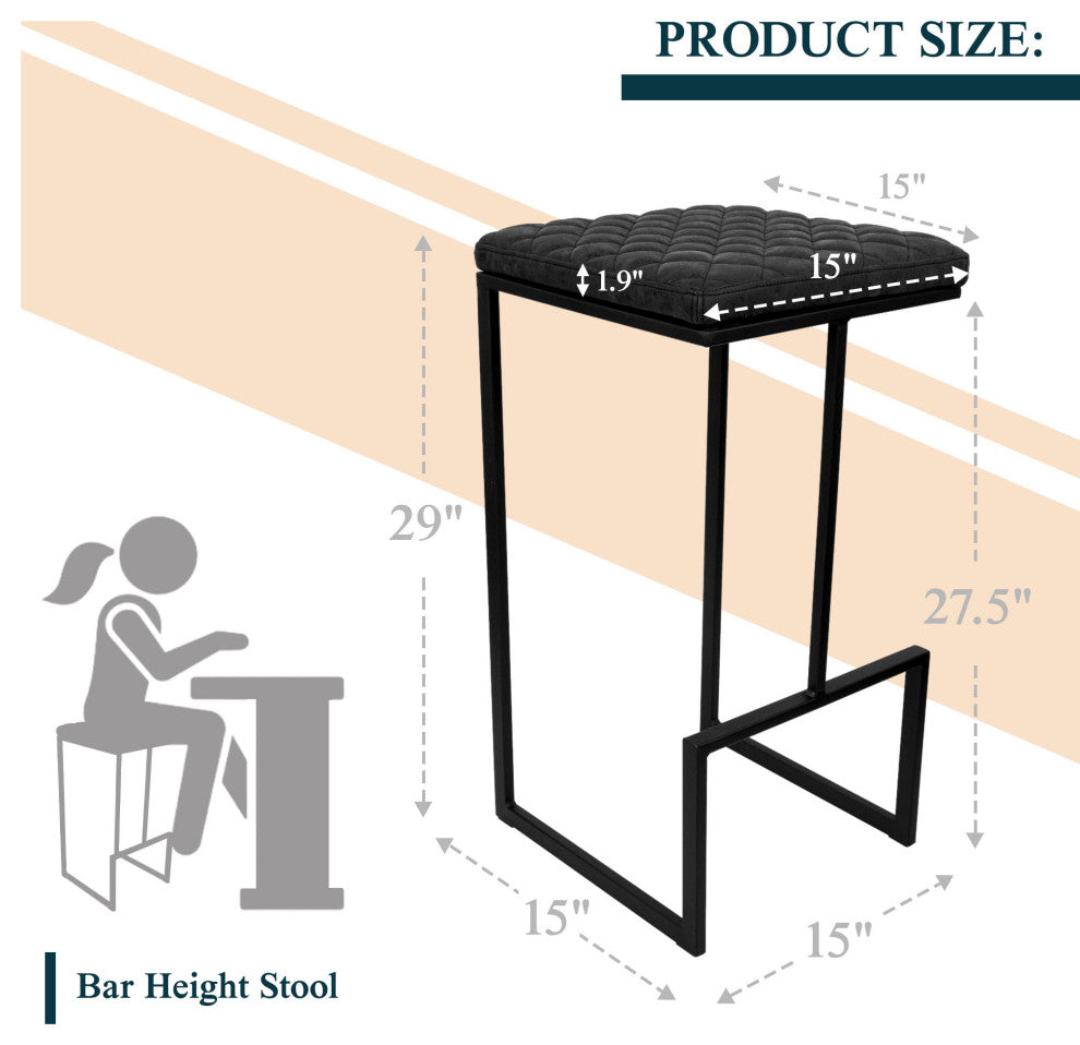 Quincy Leather Barstool Square Seats and Metal Frame Set of 2, Charcoal Black