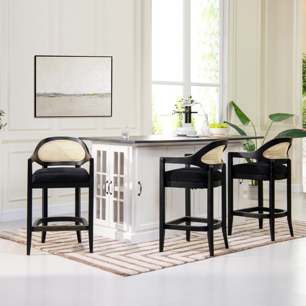 Americana Mid-Century Modern Rattan Cane Back Stool, Jet Black Woven, 26" Counter Height