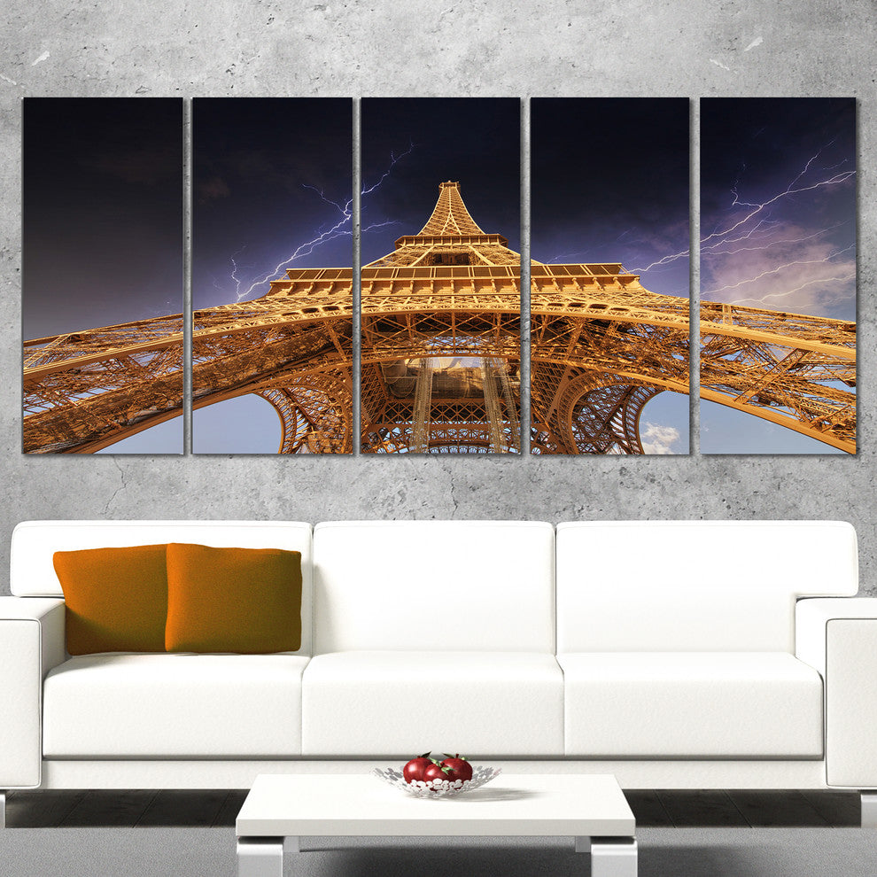 "Storm Above Paris Eiffel Tower in Paris" Cityscape Wall Art, 60"x28", 5-Panels