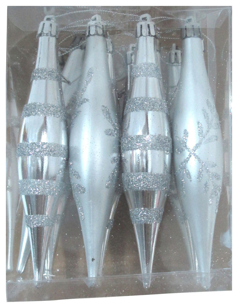 Silver Finial Ornament With Snowflake And Line Glitter Design