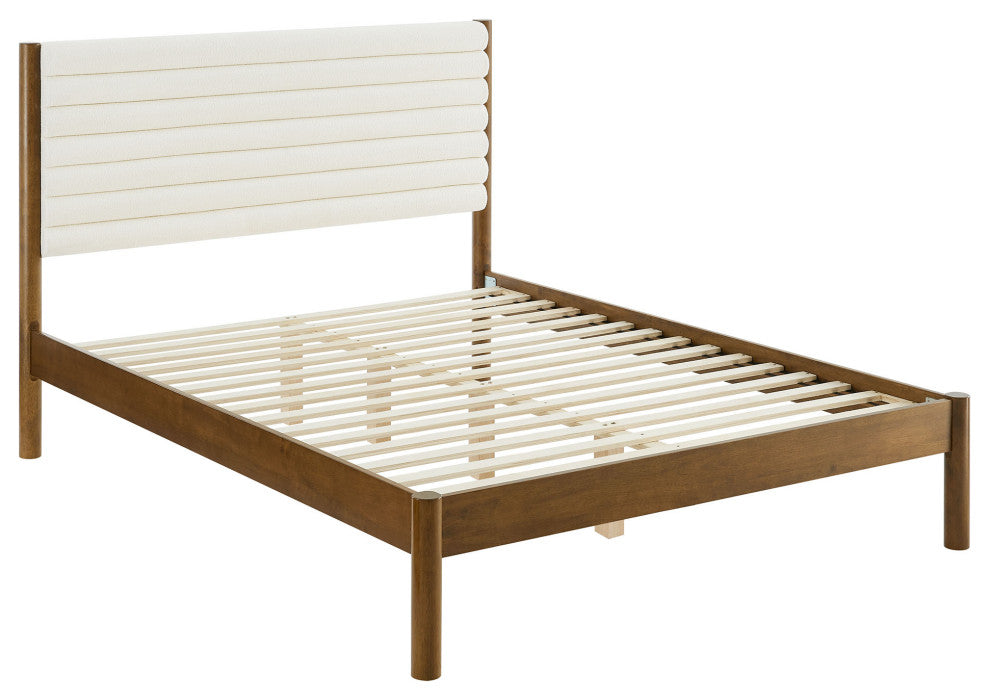 Olea Channel Tufted Boucle Solid Wood King Platform Bed, Feather Walnut
