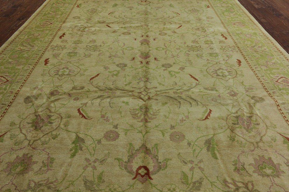 Ivory and Green Floral Peshawar Hand-Knotted Oushak Chobi Wool Rug, 10'x14'
