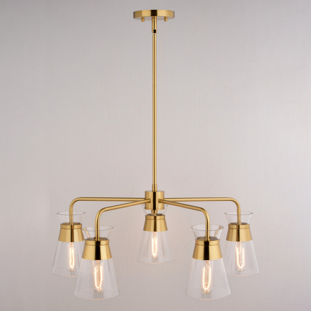 Harper 5 Light Gold Brass Mid-Century Modern Chandelier Clear Glass