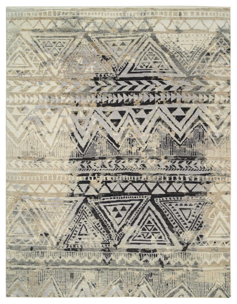 Gray, Erased Ethnic Geometric Design, Pure Wool Hand Knotted Rug, 9'1" x 12'0"
