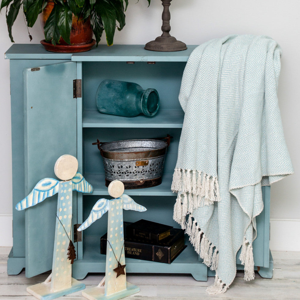 Handloomed Pale Aqua Cotton Throw Blanket With Tassels