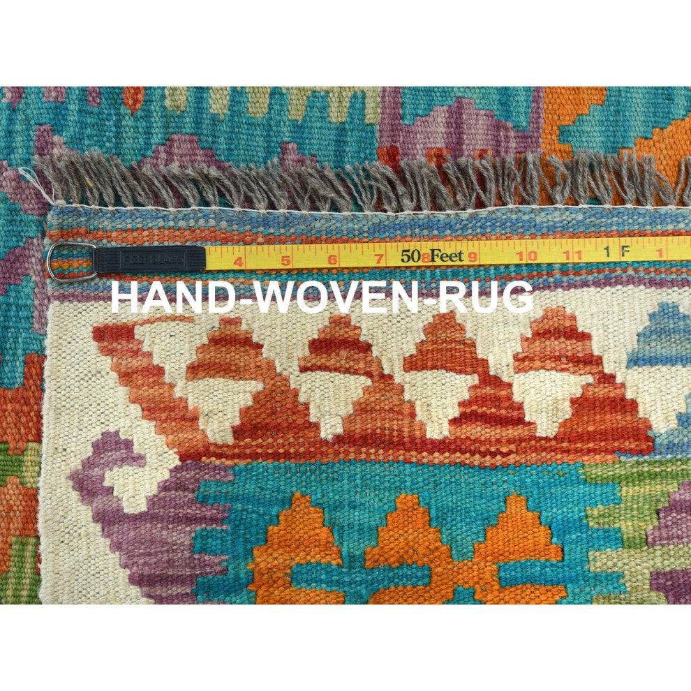 Colorful, Veggie Dyes Organic Wool Hand Woven, Afghan Kilim Rug, 9'9"x13'0"