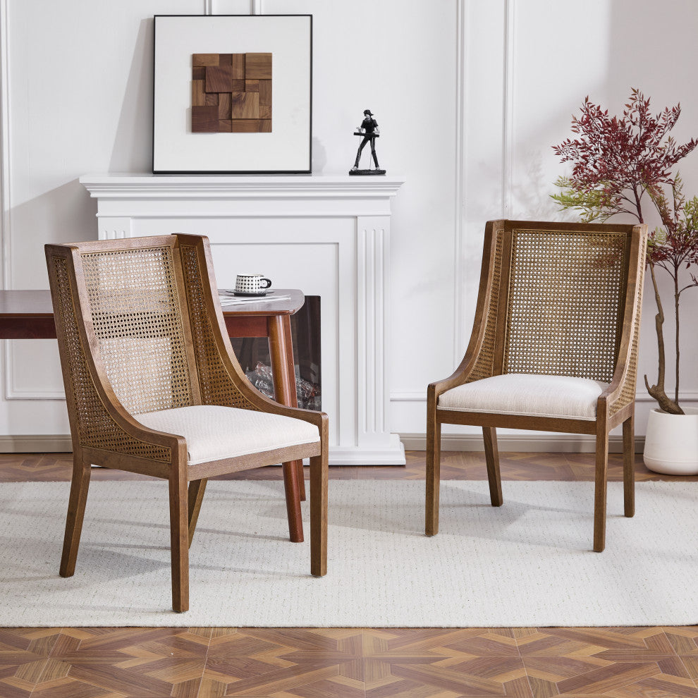 Wendell Rustic Fabric Upholstered and Cane Dining Chairs, Set of 2, Beige/Brown