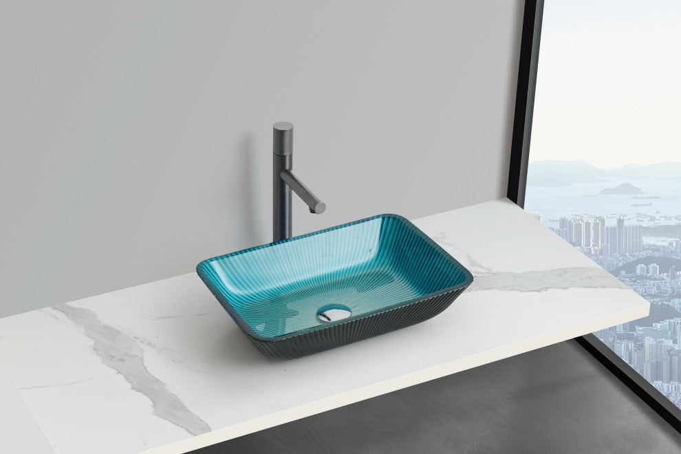 CastelloUSA Arete Rectangular Tempered Glass Vessel Sink Basin, Aqua Blue
