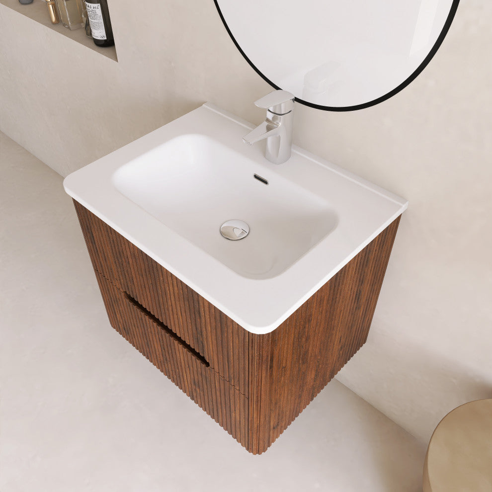 24 inch Wall-Mounted Bathroom Vanity Set with Ceramic Integrated Sink, Walnut