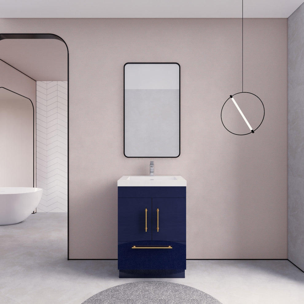 Rosa 24" Free Standing Modern Vanity, High Gloss Night Blue, Glossy White Top