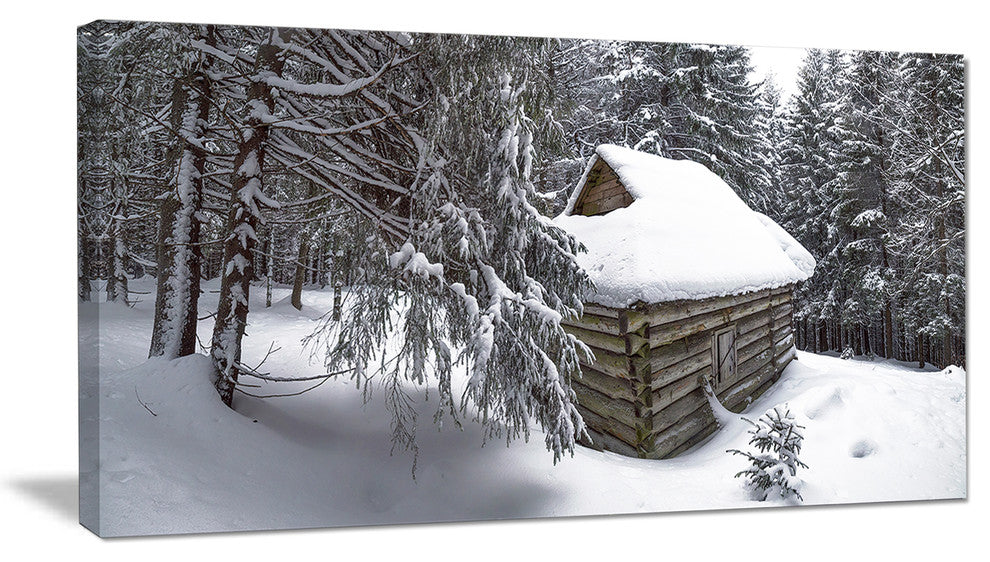 House in Magic Winter Forest, Landscape Canvas Art Print, 32"x16"