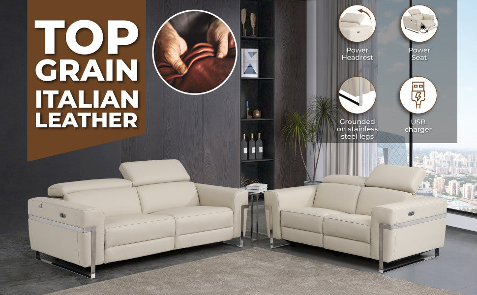 Prato Genuine Italian Leather Modern Sofa and Loveseat, Dark Gray