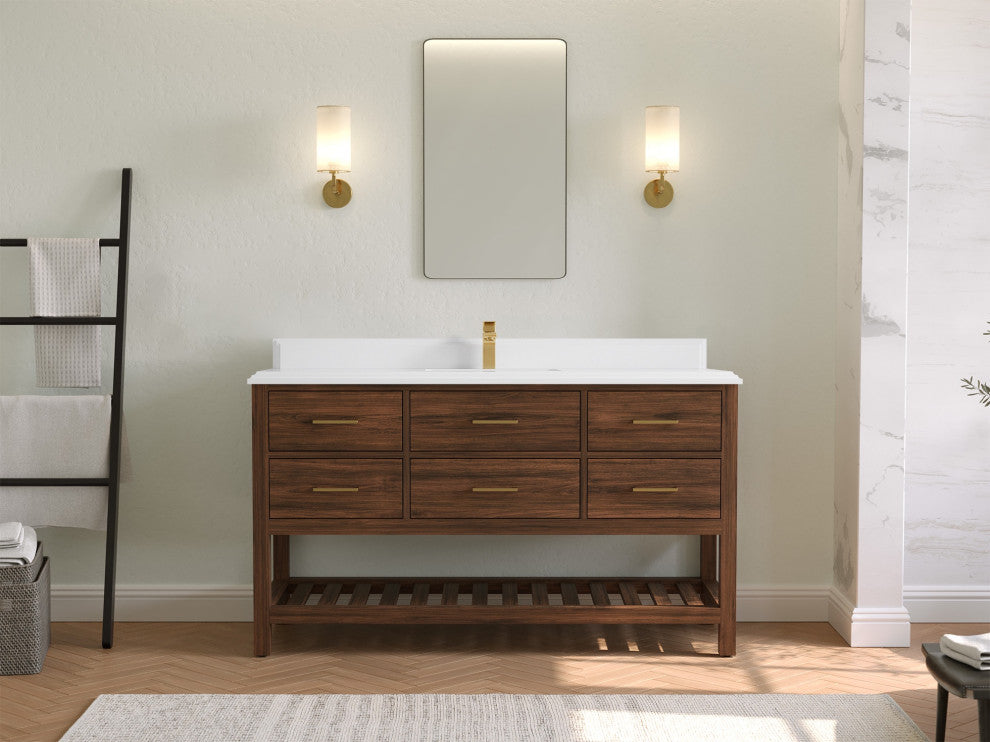 Parker Teak 60" Single Sink Bath Vanity in Dark Walnut 1.5" White Quartz