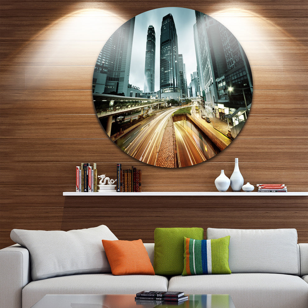 Traffic In Hong Kong At Sunset, Cityscape Photo Round Wall Art, 11"