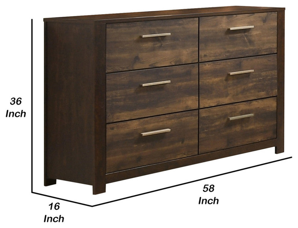 Benzara BM232620 58" 6 Drawer Wooden Dresser With Grains, Rustic Brown