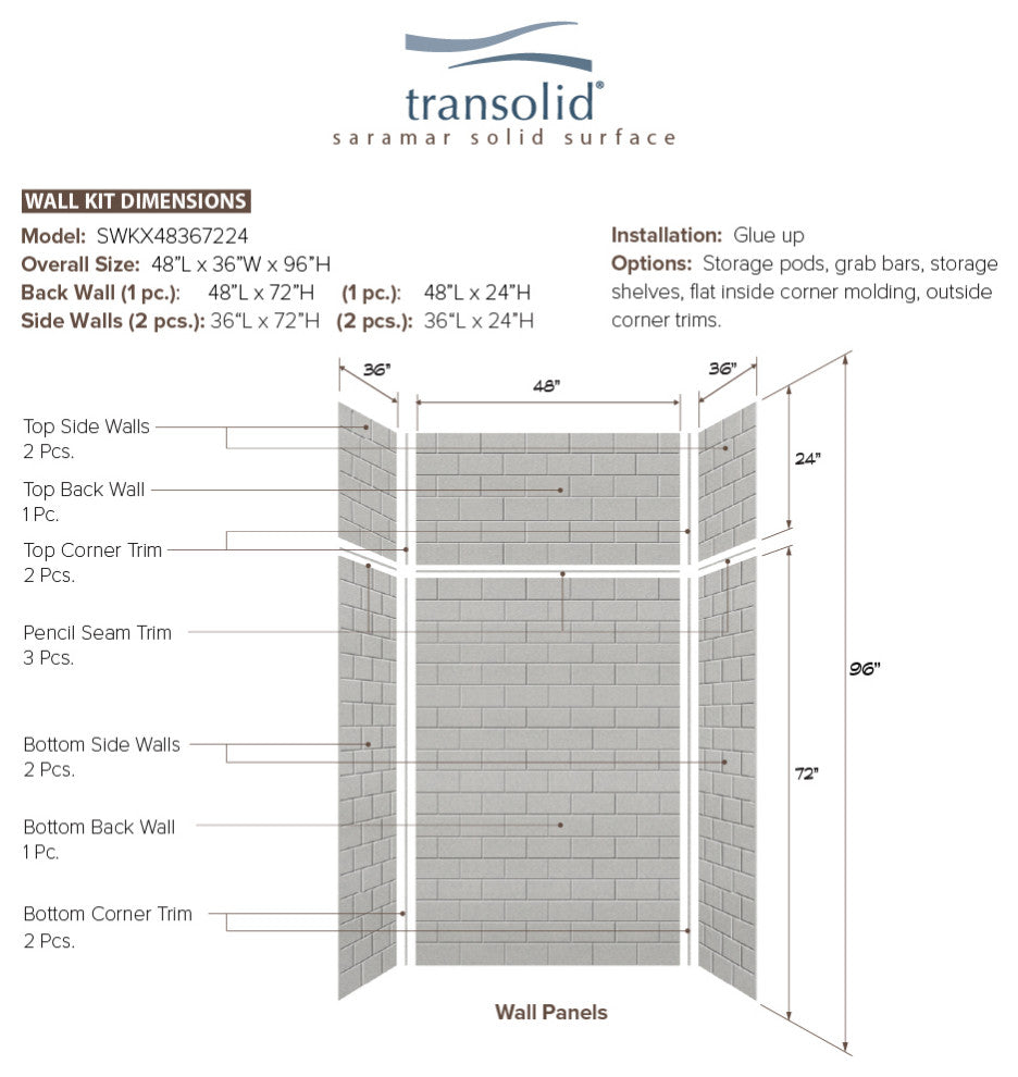 Transolid SaraMar 48"x36"x96" 6-Piece Shower Wall Kit with Extension, Grey Beach