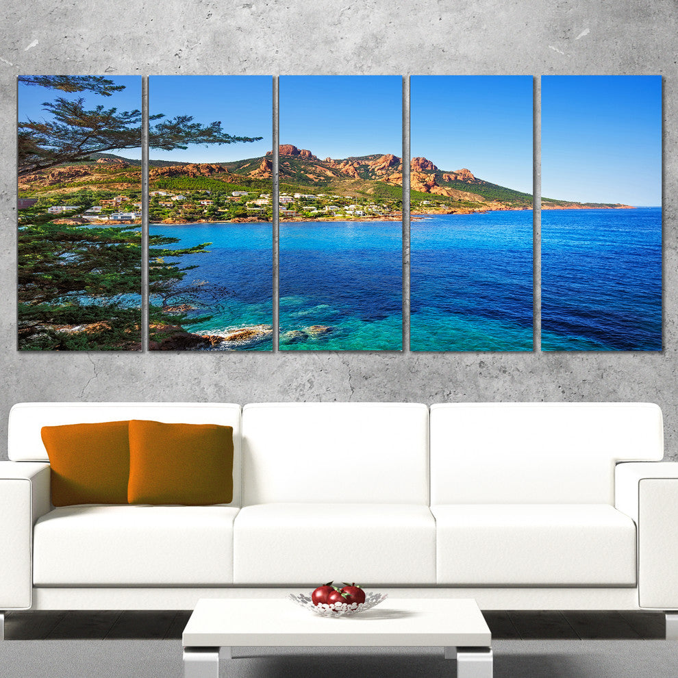 "Esterel Rocks Beach Coast in Blue" Seashore Wall Art, 5 Panels, 60"x28"
