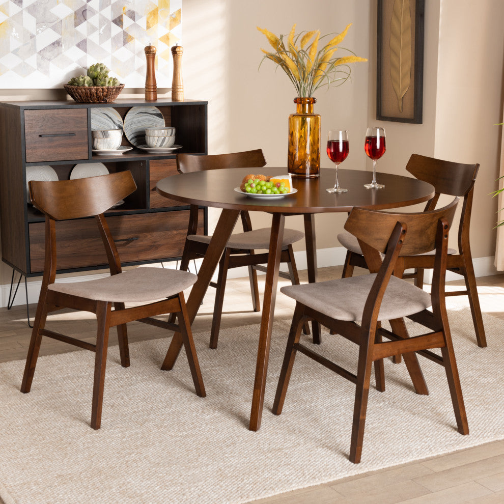 Reedsport Mid-Century Walnut Effect 5-Piece Dining Set, Light Beige/Walnut Brown