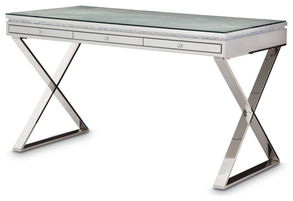 Melrose Plaza Writing Desk With Glass Top, Dove