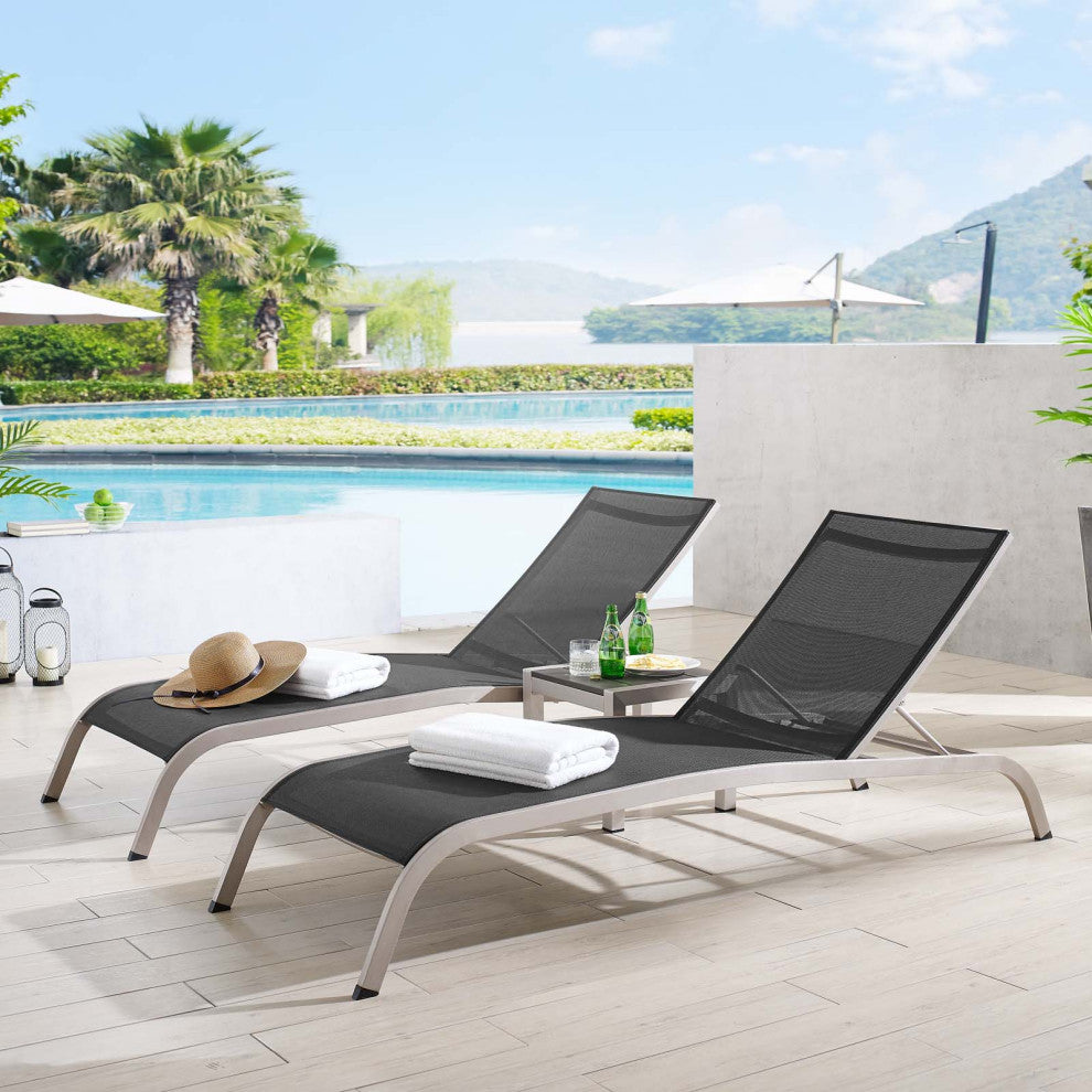 Lounge Chair Chaise Table Set, Aluminum, Metal, Black, Modern, Outdoor Patio