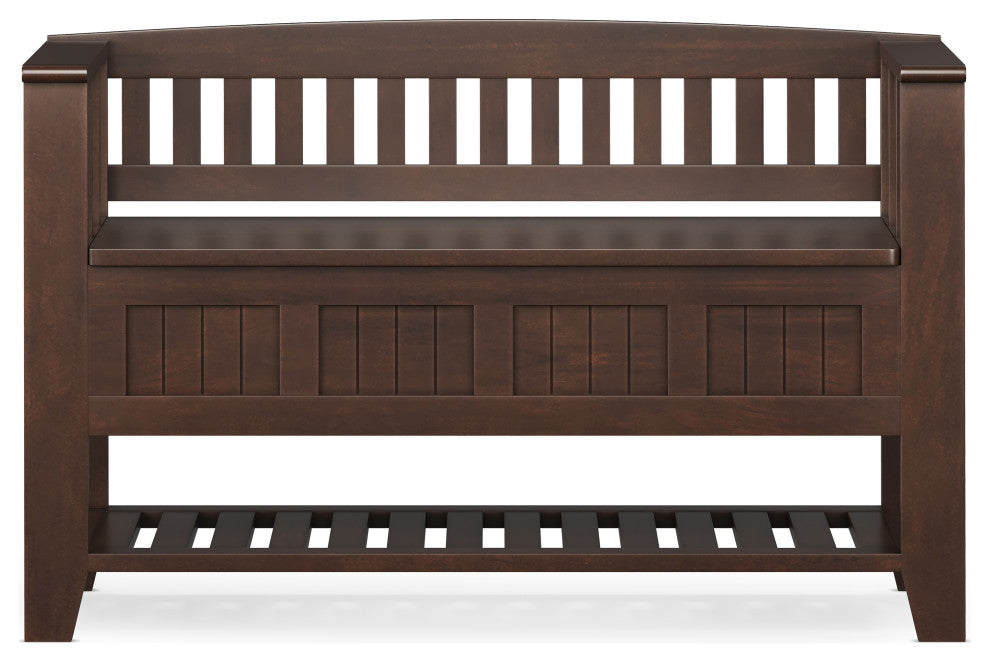 Acadian Solid Wood Entryway Storage Bench With Shelf, Brunette Brown
