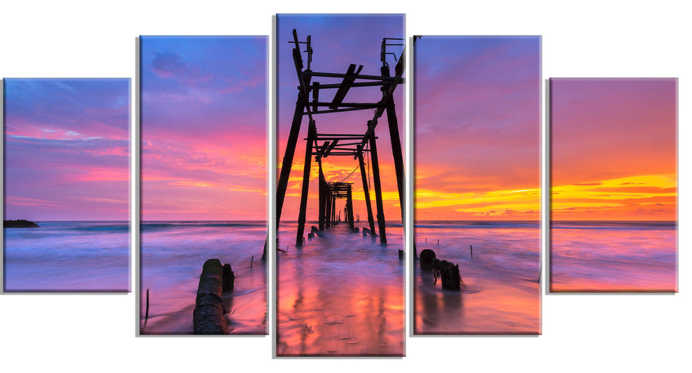 "Discarded Wooden Bridge At Sunset" Sea Pier Wall Art, 5 Panels, 60"x32"