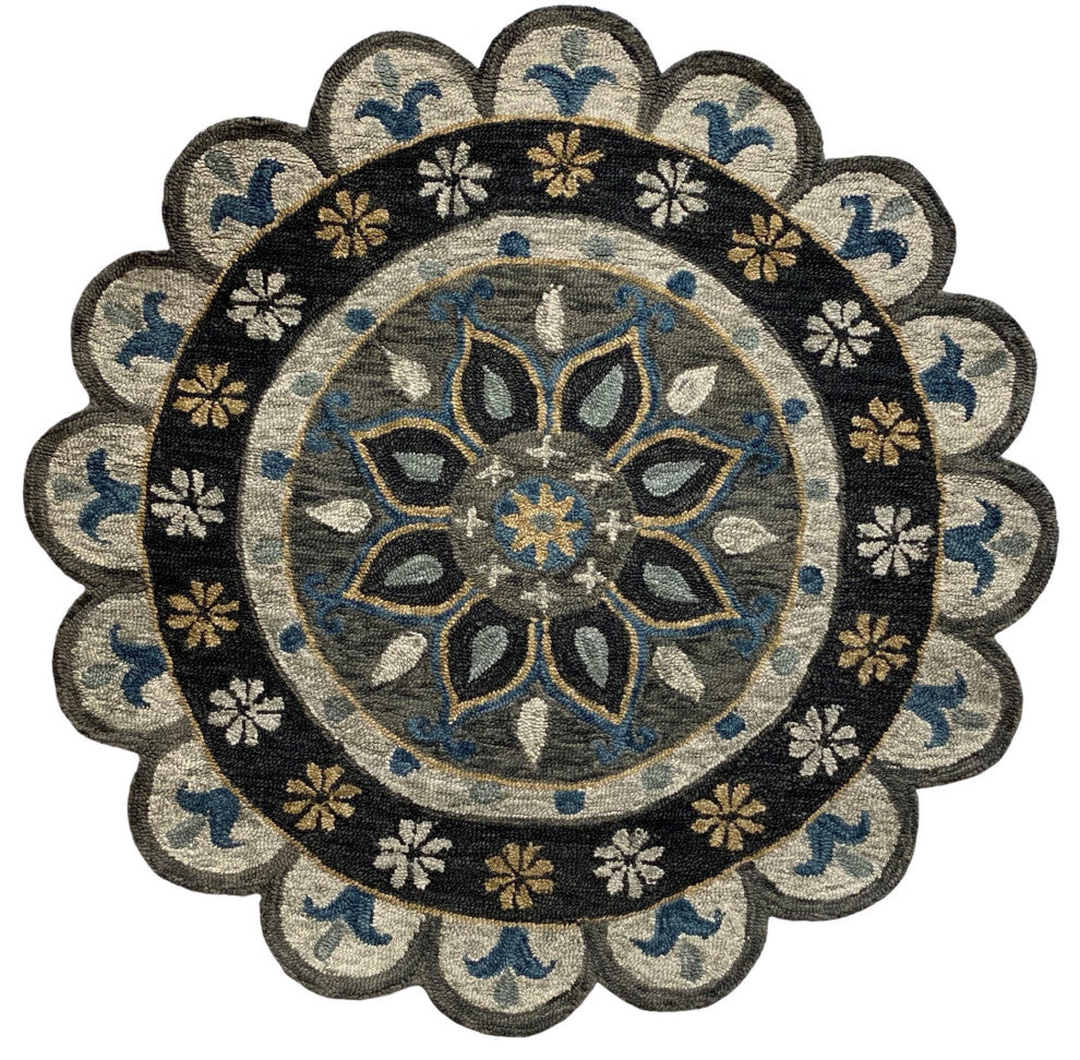 5" Round Gray Border Floral Medallion Area Rug