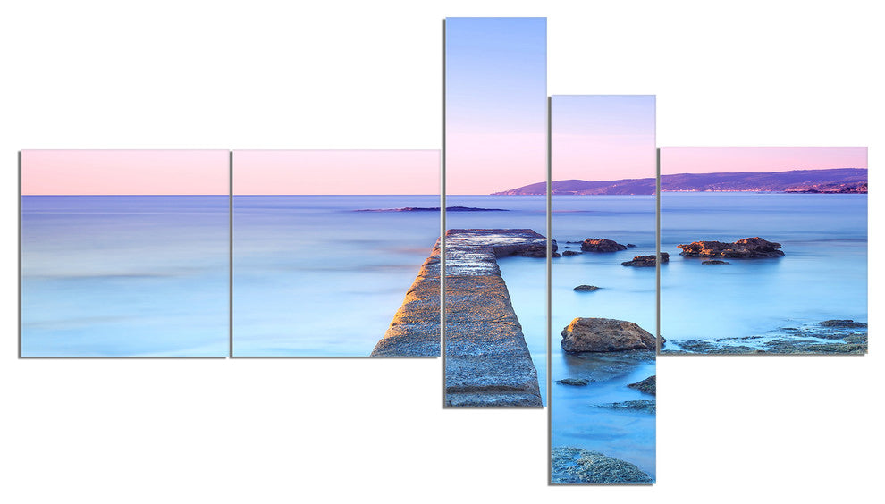 Purple Sea and Sky, Seascape Canvas Art Print, 60"x32", 5 panels