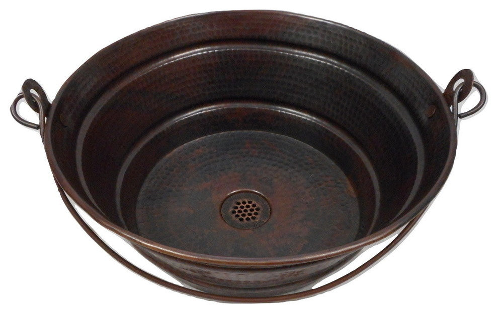 Rustic Copper Vessel BUCKET Bathroom Sink 19-Hole Grid Drain Included
