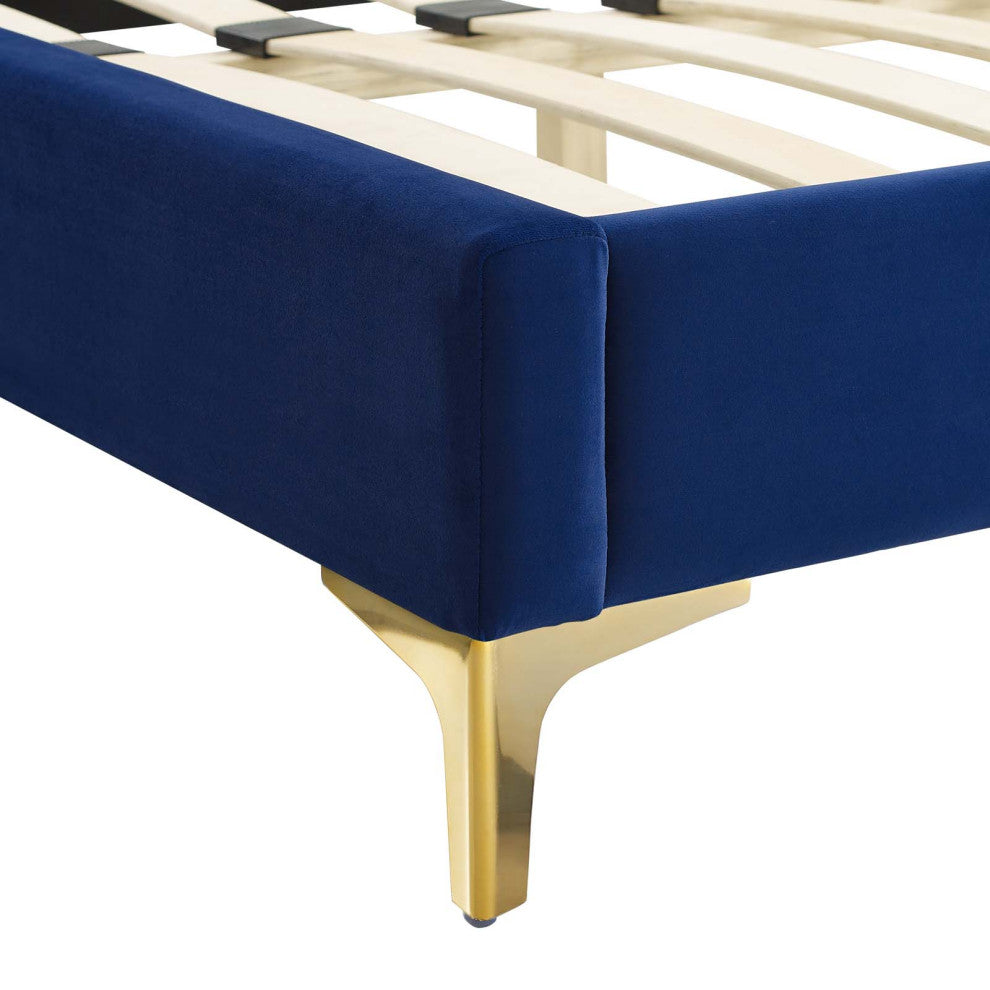 Tufted Platform Bed Frame, Full Size, Velvet, Blue Navy, Modern Contemporary