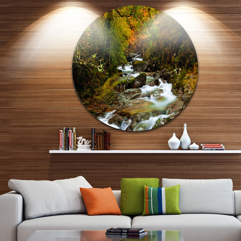 Flowing River In Autumn, Landscape Photo Disc Metal Artwork, 11"