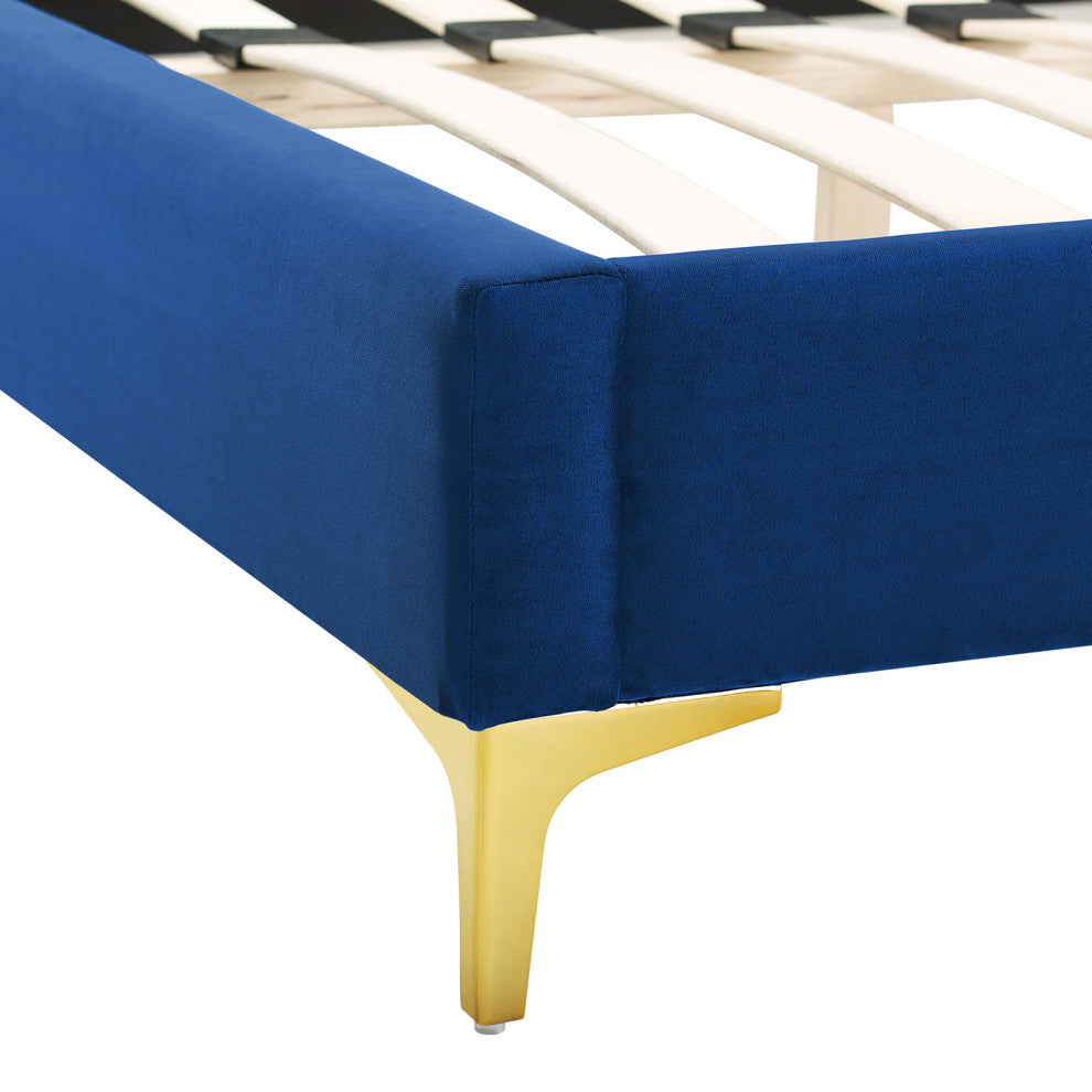 Platform Bed Frame, King Size, Blue Navy, Velvet, Modern, Bedroom Guest Suite