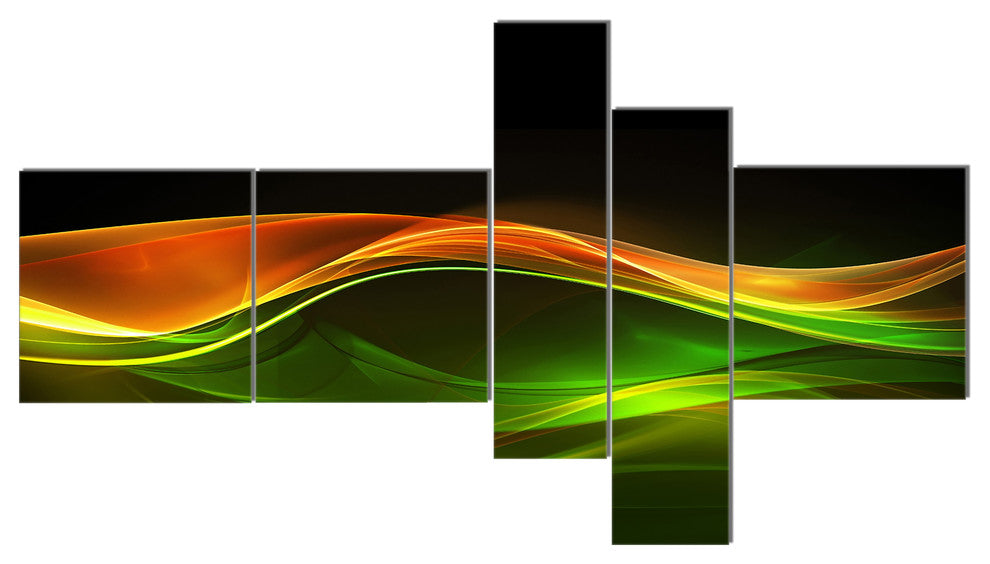 Abstract Green Yellow in Black, Abstract Canvas art print, 60"x32", 5 panels