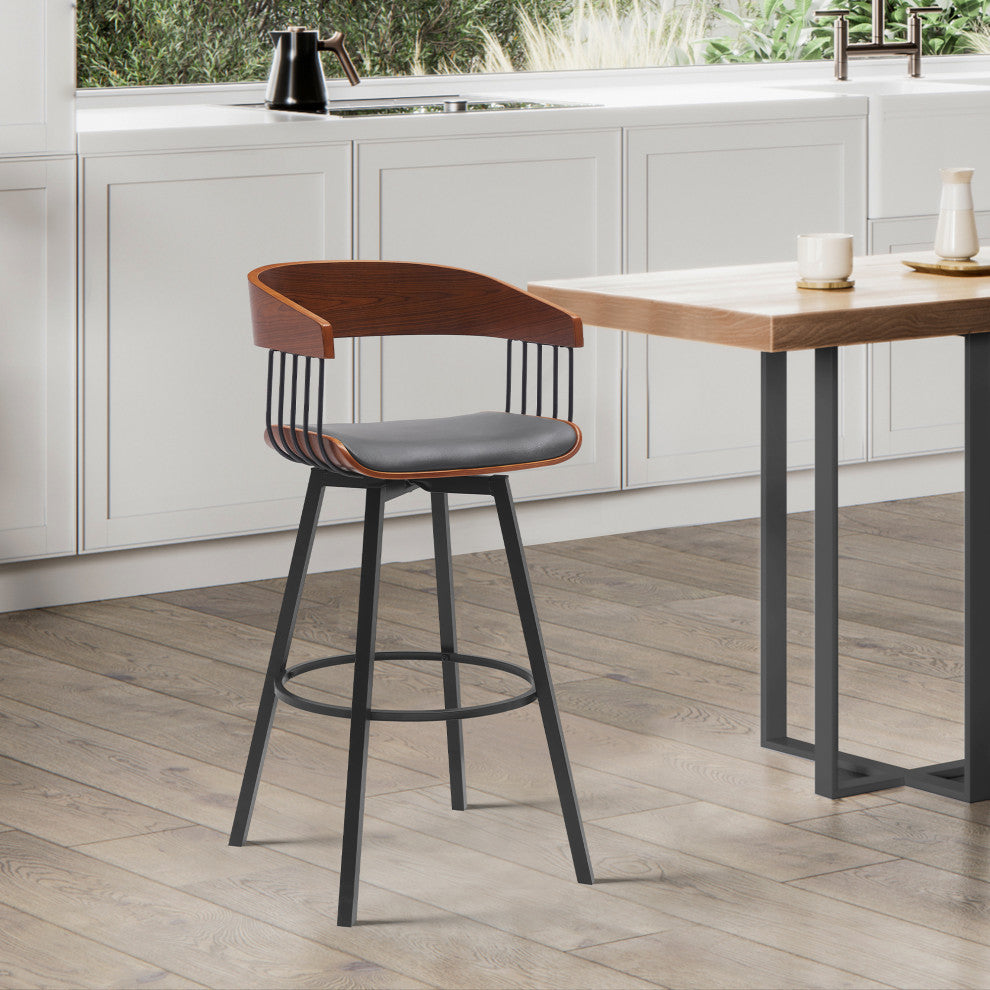 Athena Swivel Walnut Wood Counter Stool Gray Faux Leather With Black Metal, 27"