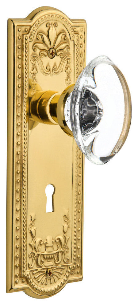 Single Meadows Plate With Oval Clear Crystal Knob, Polished Brass
