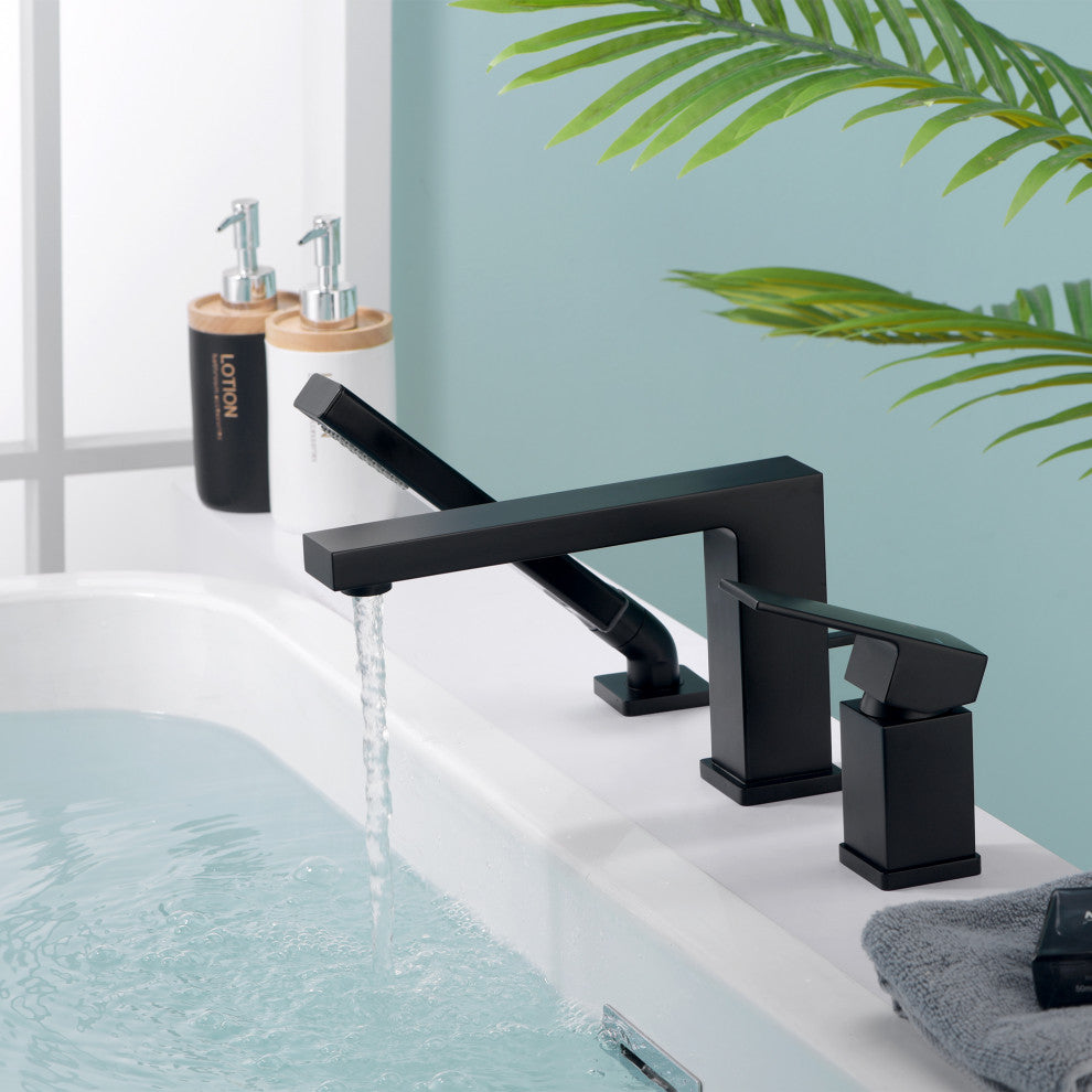 Luxier RTF17 Deck-Mount Roman Tub Faucet With Hand Shower, Matte Black