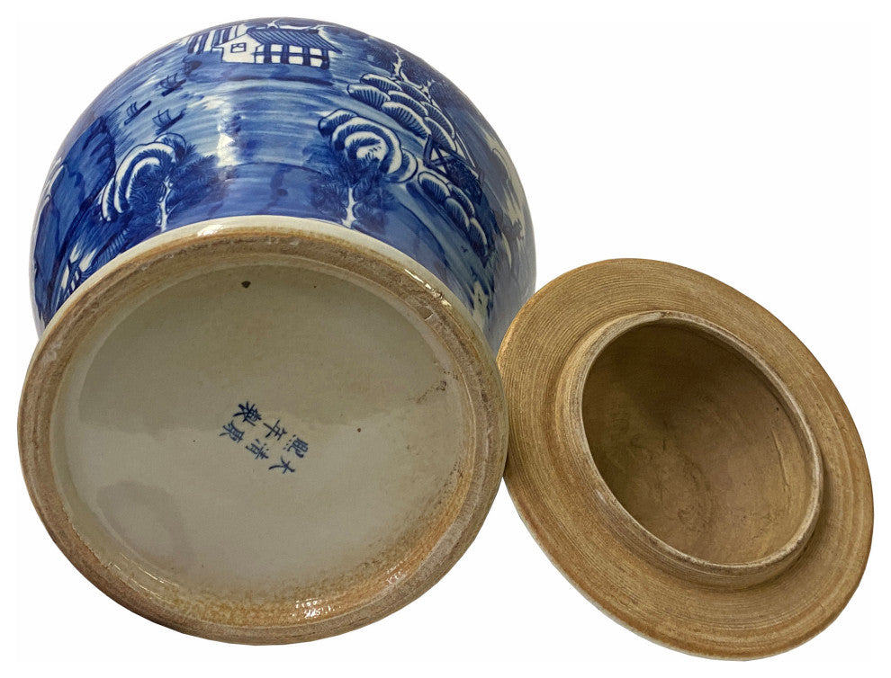 Chinese Blue White Porcelain Scenery Graphic General Temple Jar Hws1783