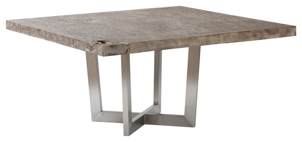 Origins Dining Table, Gray Stone, Square, Brushed Stainless Steel Base