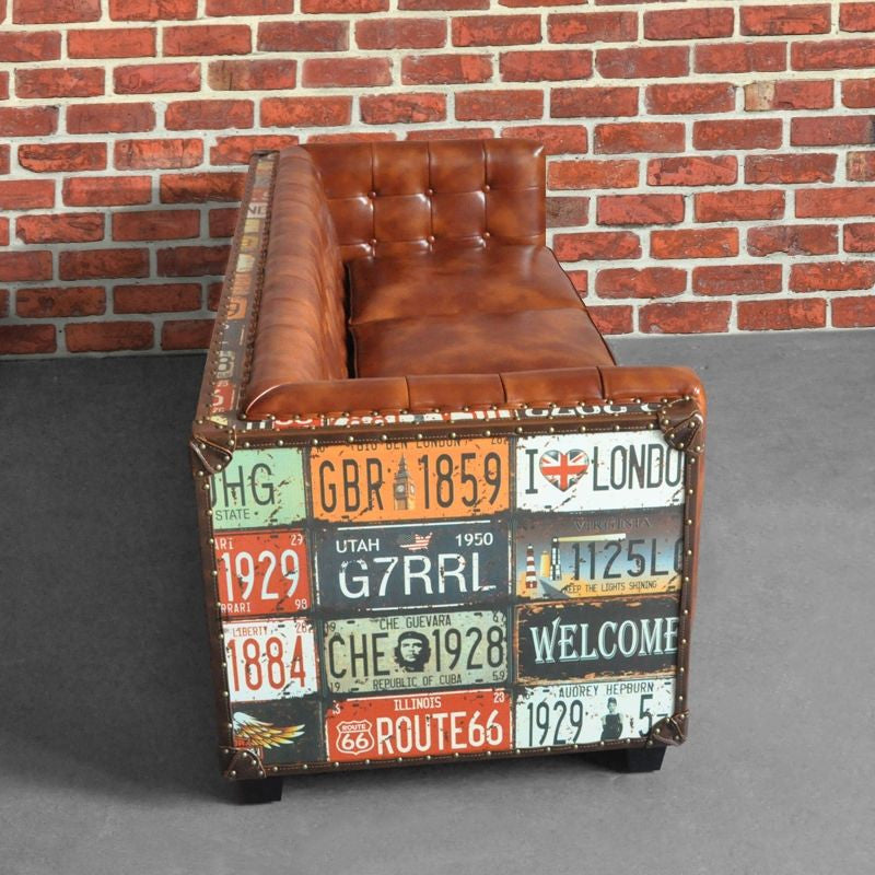 Vintage Industrial Loft 3-Seater Sofa Tufted Brown Faux Leather Upholstered Sofa