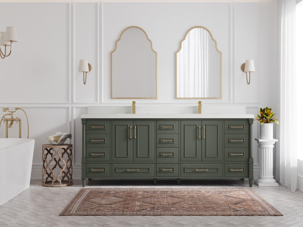 Aberdeen 84 Double Sink Bath Vanity in Pewter Green 2" Carrara Quartz