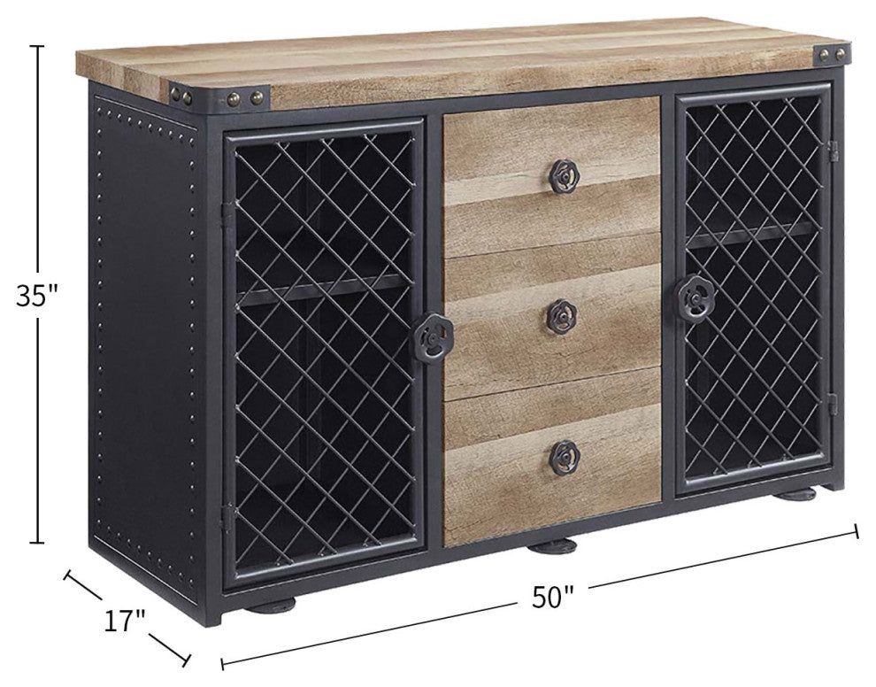 Wood Server With 2 Doors and 3 Drawers, Oak and Sandy Black