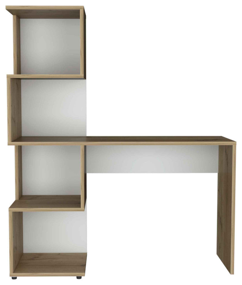 Lincoln Desk with Bookcase and 4 Storage Shelves, Light Oak/White