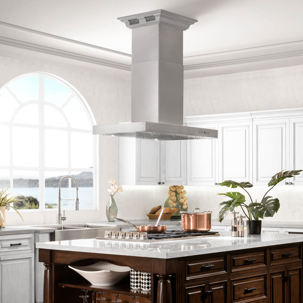 30" ZLINE CrownSound  Island Mount Range Hood, Stainless Steel, KE2iCRN-BT-30