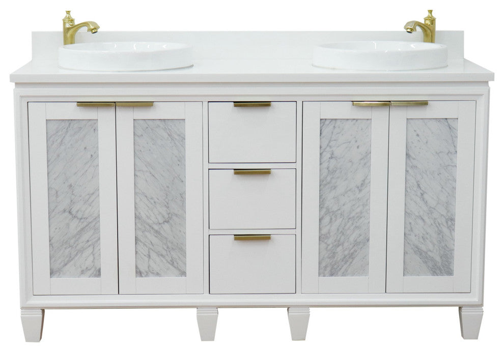 61" Double Sink Vanity, White Finish With Engineered Stone Top And Round Sink