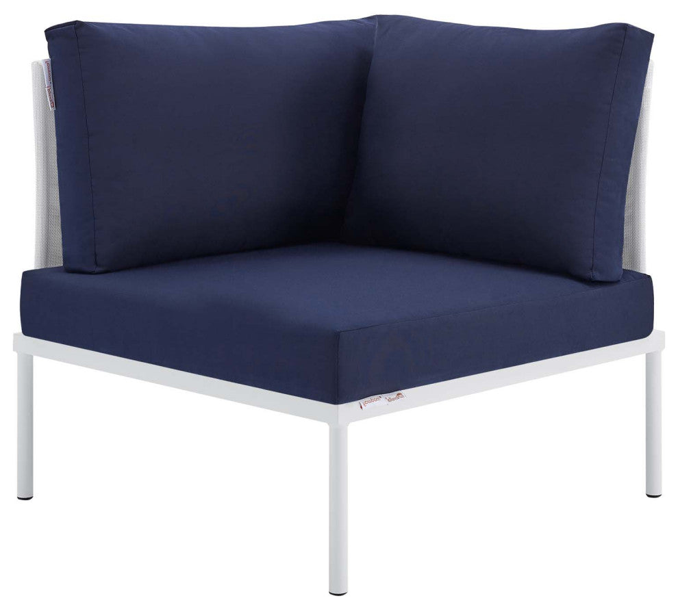 Sofa Corner Chair, Sunbrella, Aluminum, Metal, White Blue Navy, Modern, Outdoor