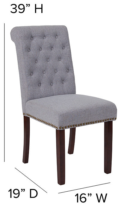 Light Gray Fabric Parsons Chair With Nail Head Trim and Walnut Finish
