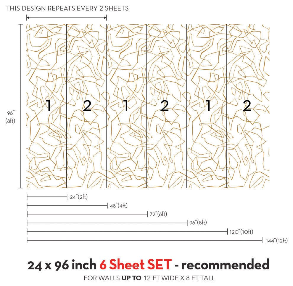Entangled Lines Abstract Vinyl Peel and Stick Mural, Gold, 24"x96", 6 Pack