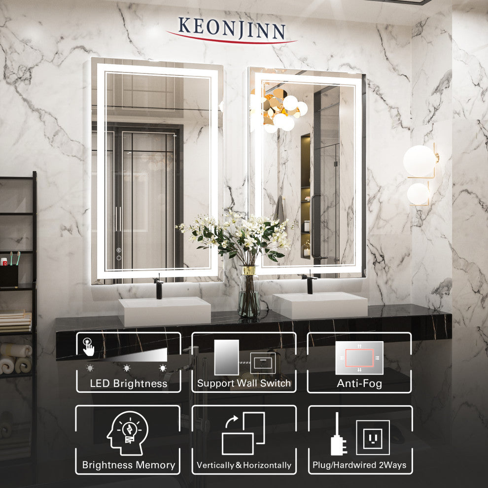 LED Bathroom Mirror, Anti-Fog Memory Dimmable IP54 Waterproof, 40"x24"