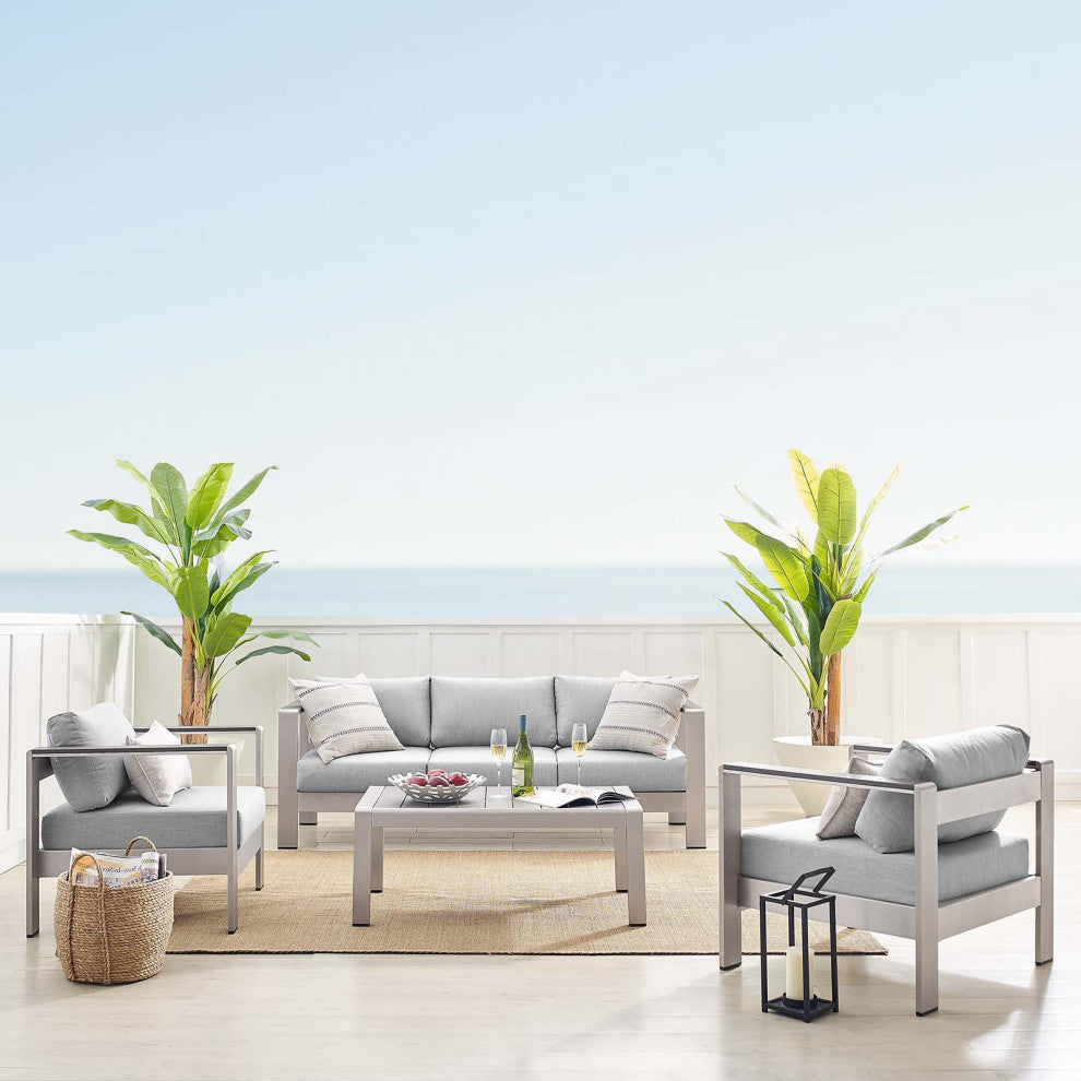 Sectional Sofa Chair Table Set, Sunbrella, Aluminum, Silver Gray, Outdoor
